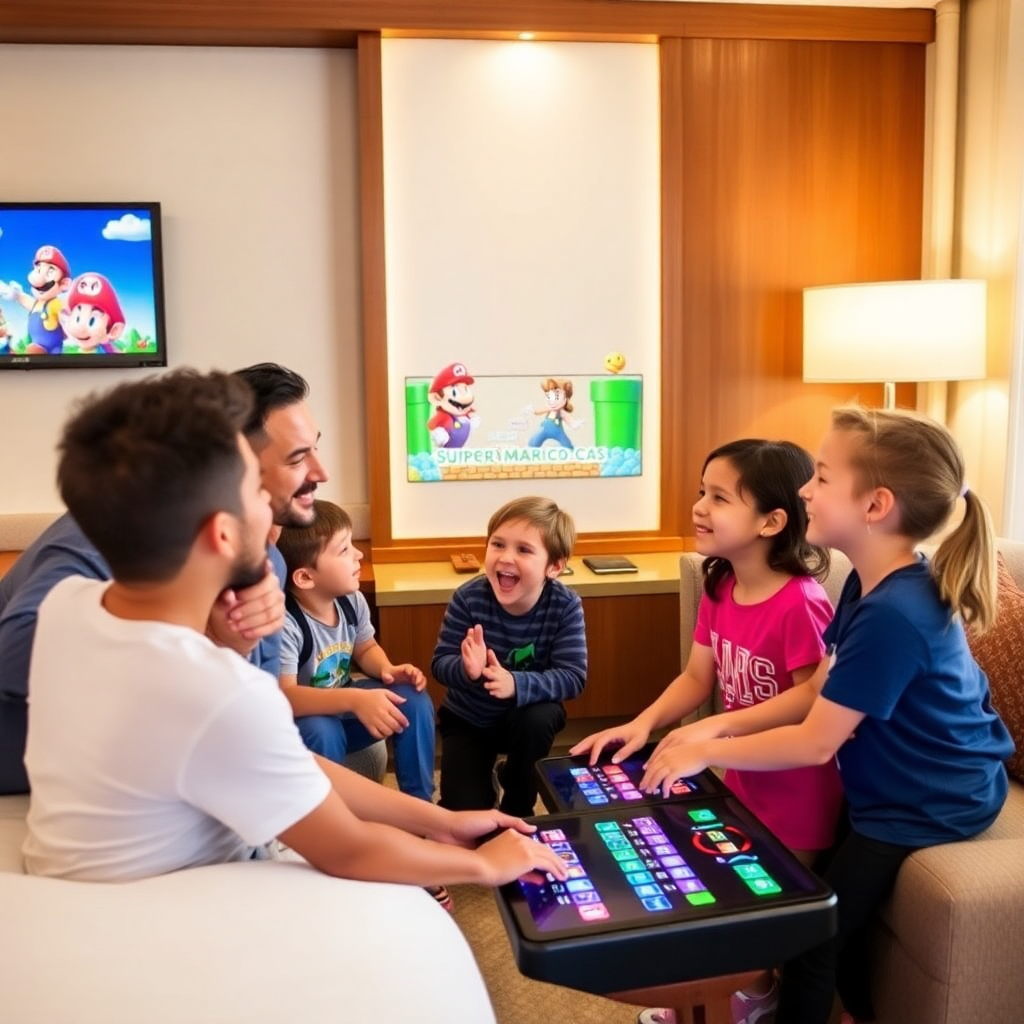 family enjoying interactive character experiences in hotel, children playing branded games, family-friendly entertainment, happy kids with parents