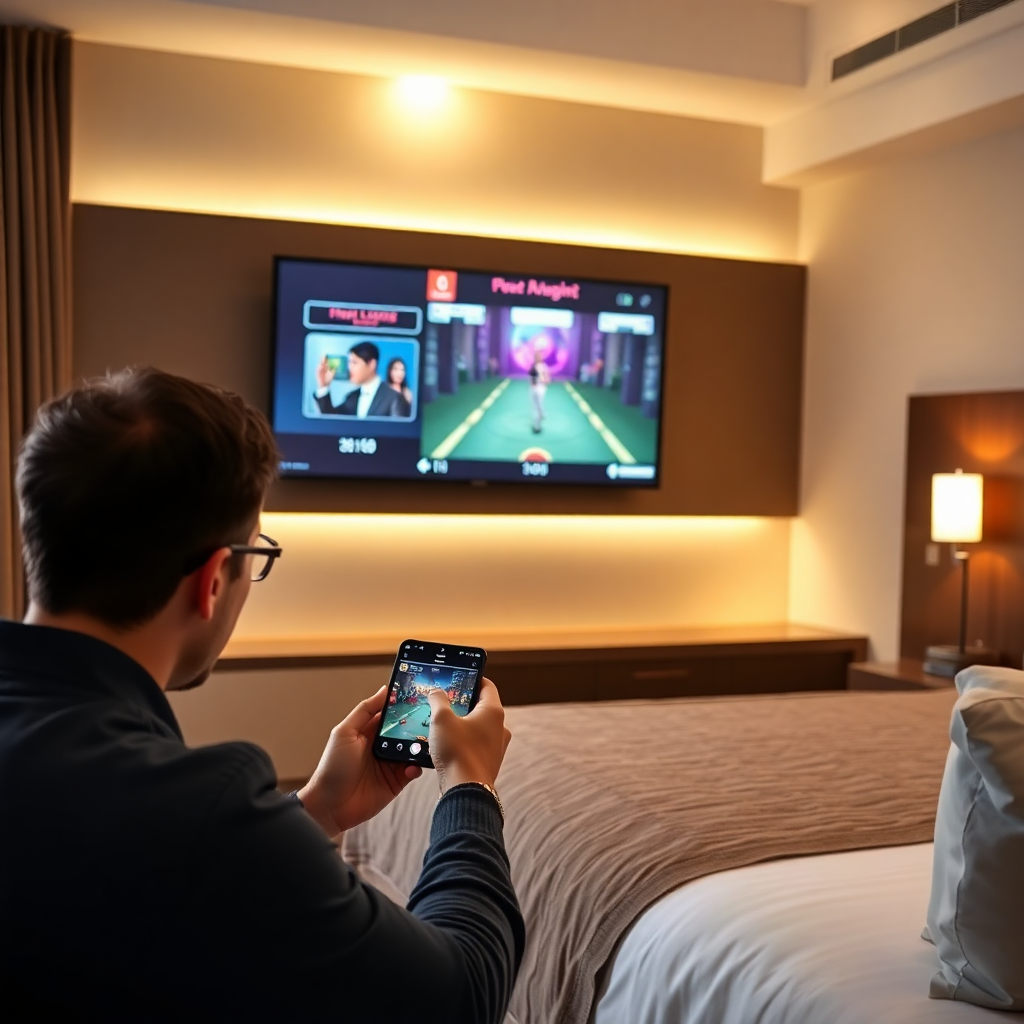 hotel guest playing interactive games on TV screen, family enjoying in-room entertainment, modern hotel room with smart TV