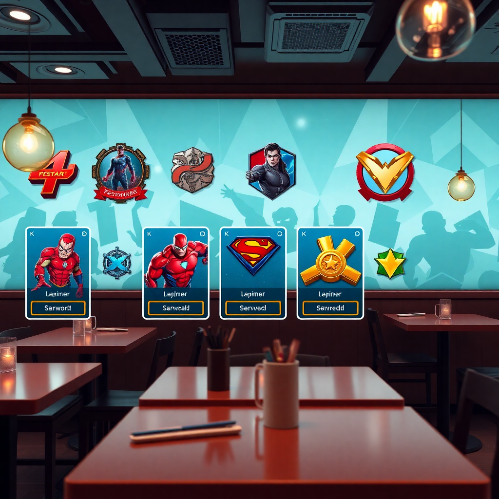a digital screen in a restaurant displaying unlockable character-themed rewards and collectibles from a superhero franchise, vibrant UI, digital art style